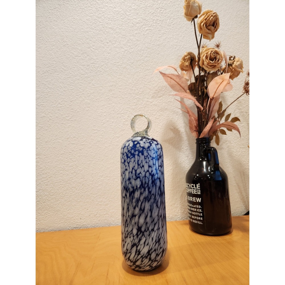 Hand Blown Art Glass Vase Blue White Speckled Bottle with Loop Handle 12"